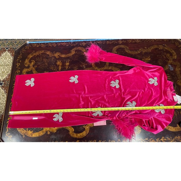 NWT Ivy City Co Pink Velvet Rhinestone Bows Feather Cuff Midi Dress Glam Twee M - Picture 10 of 15